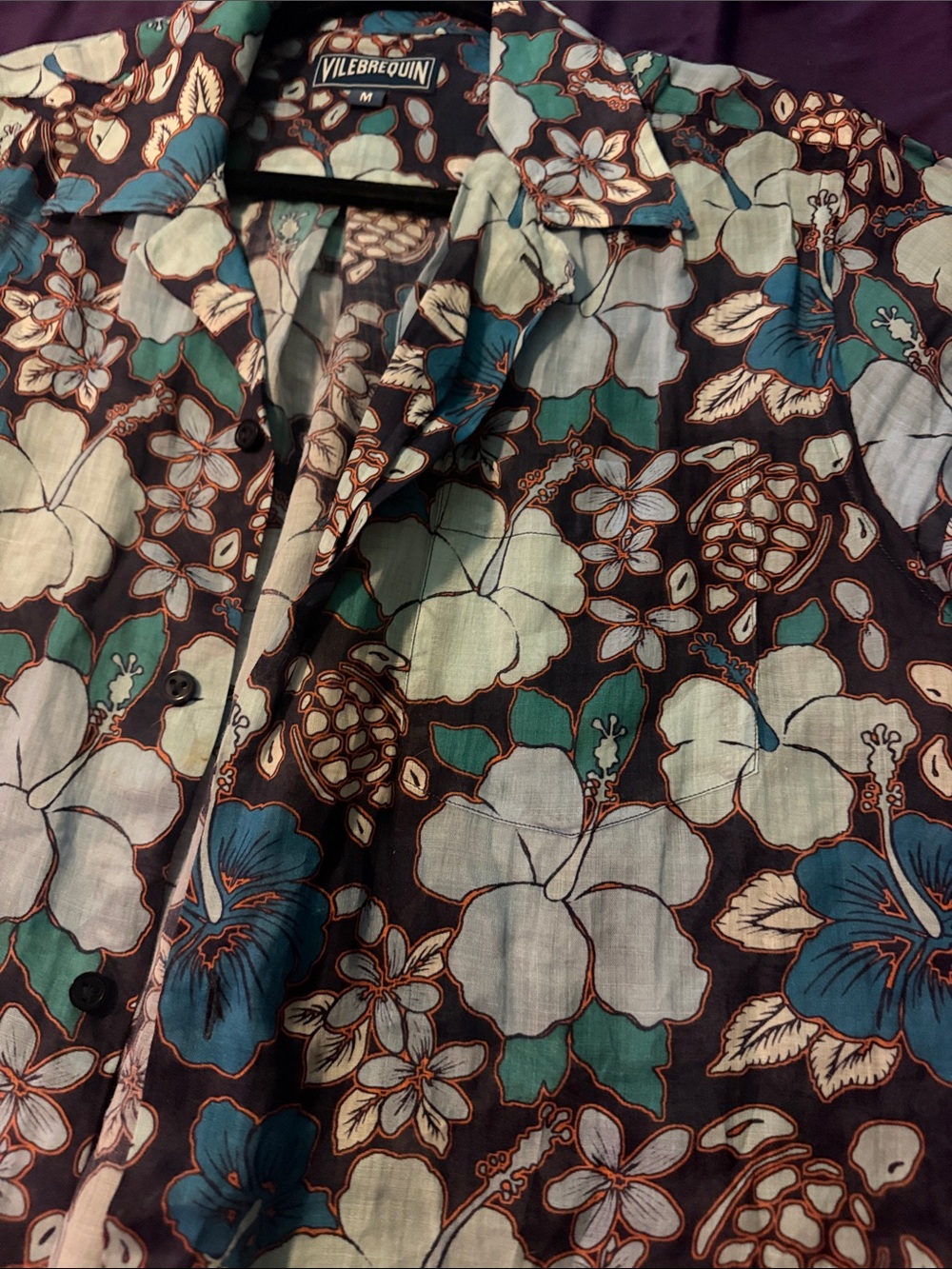 Vilebrequin Black Floral Camp Shirt with Teal & Light Blue Blooms.  Ramie